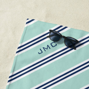 Serviette De Plage Monogramme 3 lettres menthe et rayures bleues