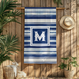 Serviette De Plage Monogramme à rayures bleues et blanches