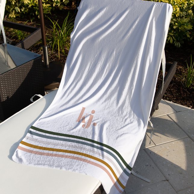Serviette De Plage Monogramme à rayures rétro chic (Créateur téléchargé)
