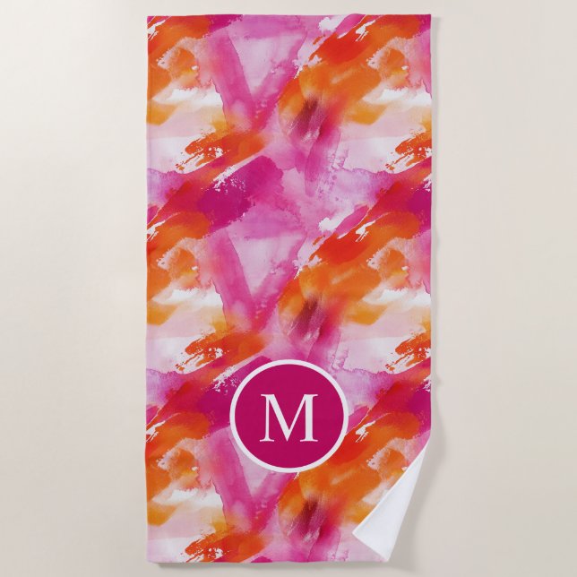 Serviette De Plage Monogramme Aquarelle rose orange Abstrait (Devant)