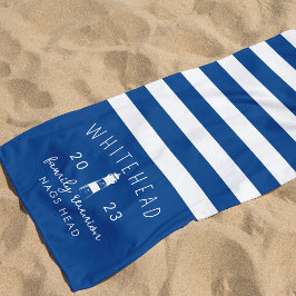 Serviette De Plage Monogramme bleu en bande de phare nautique