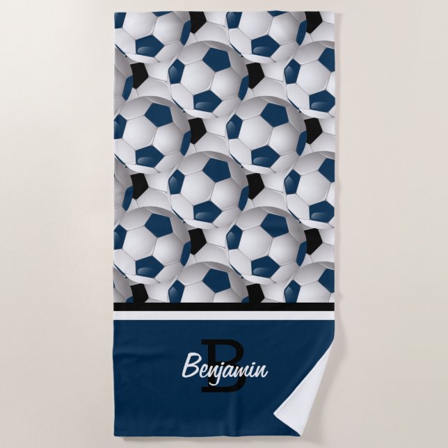 Serviette De Plage Monogramme bleu foncé noir Motif de balle de footb (Devant)