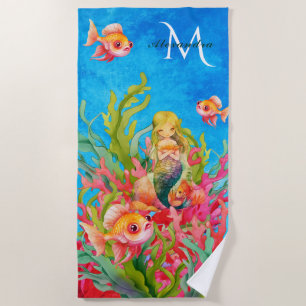 Serviette De Plage Monogramme bleu turquoise Nom Mermaid Beach Towel