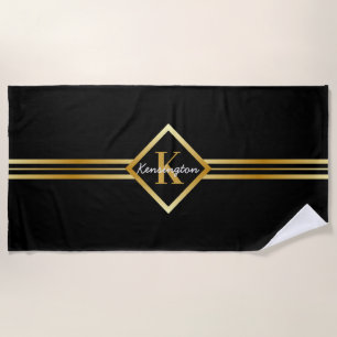 Serviette De Plage Monogramme classique Faux Gold avec texte blanc su