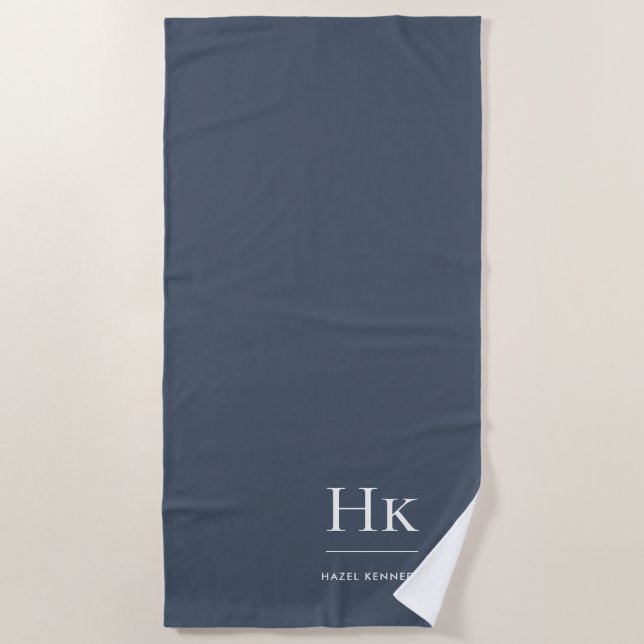Serviette De Plage Monogramme Classique Simple Navy Blanc Monogrammé (Devant)