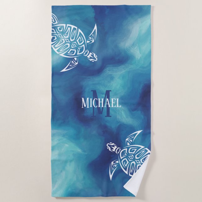 Serviette De Plage Monogramme d'aquarelle bleu tribal de la Tortue bl (Devant)
