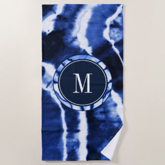 Serviette De Plage Monogramme d'aquarelle de teinture bleu marine Ind