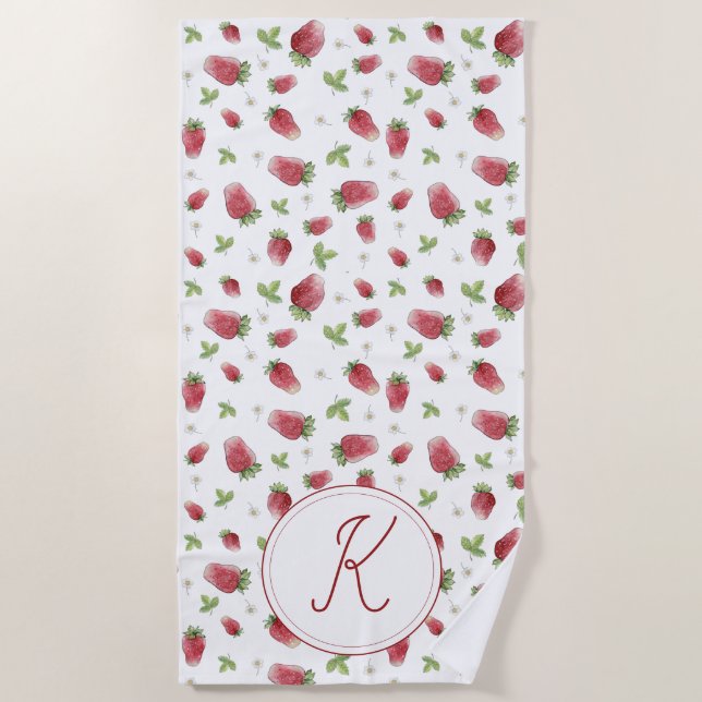 Serviette De Plage Monogramme de fraise d'aquarelle (Devant)