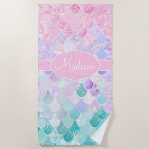 Serviette De Plage Monogramme de la petite fille Ombre Mermaid Motif
