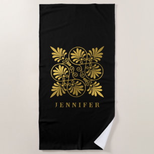 Serviette De Plage Monogramme de méandre grec antique noir or