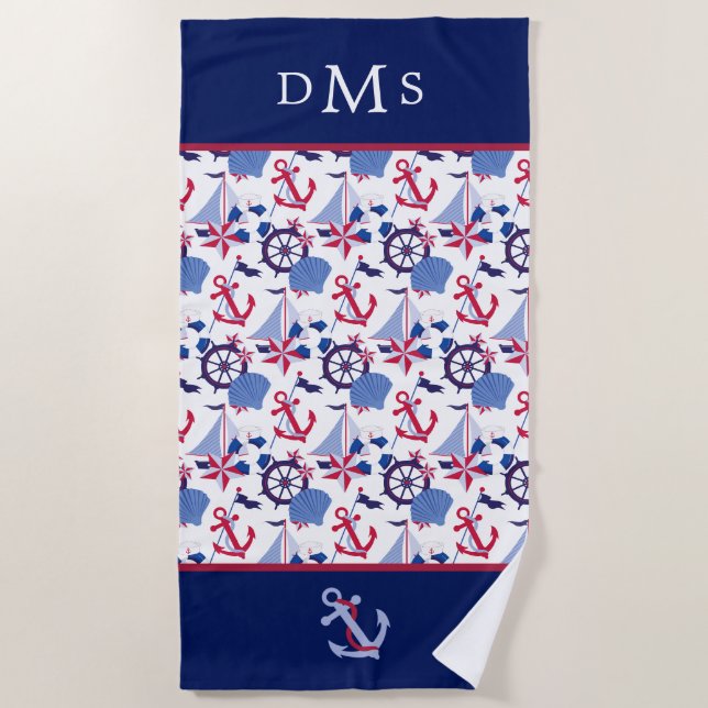 Serviette De Plage Monogramme de Motif marin bleu-rouge (Devant)