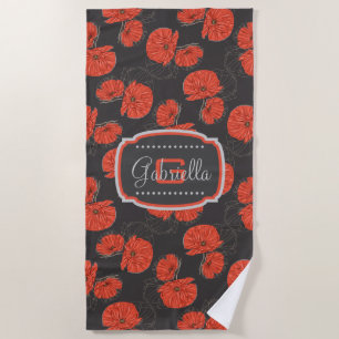 Serviette De Plage Monogramme de Motif moderne Red Poppy sur Slate Gr