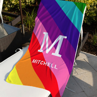 Serviette De Plage Monogramme de nom de famille à 8 bandes arc-en-cie