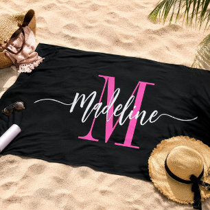 Serviette De Plage Monogramme de nom de script tendance personnalisé