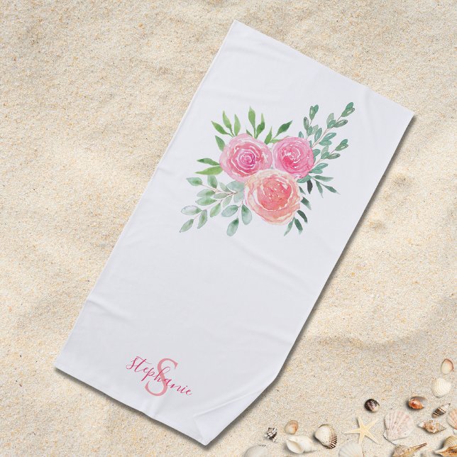 Serviette De Plage Monogramme de nom floral rose (Créateur téléchargé)