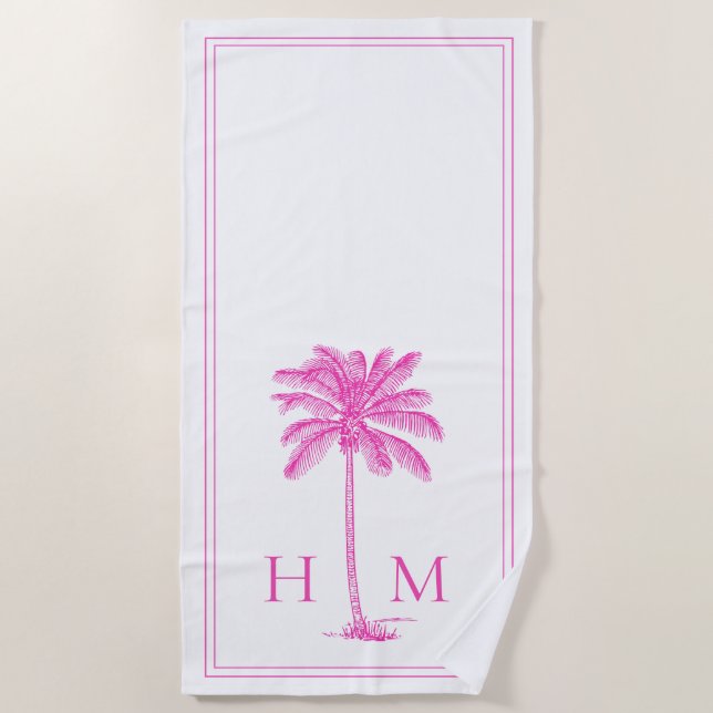 Serviette De Plage Monogramme de palmier rose et blanc côtier (Devant)