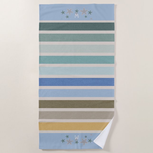 Serviette De Plage Monogramme de stries de plage et d'étoiles de mer (Devant)