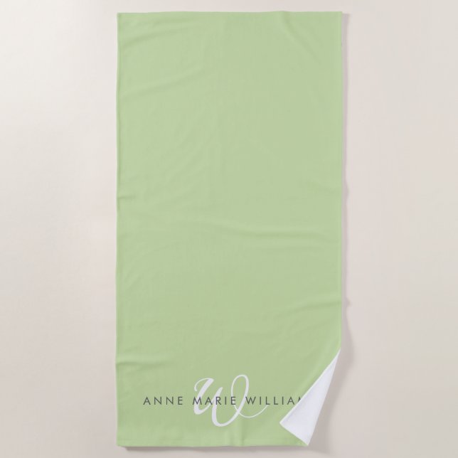 Serviette De Plage Monogramme de style moderne vert clair blanc (Devant)