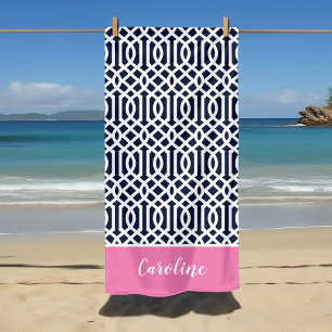 Serviette De Plage Monogramme de treillis rose et marine