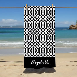 Serviette De Plage Monogramme de Trellis noir et blanc | Couleurs mod