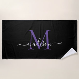 Serviette De Plage Monogramme de violet noir Feminine Script féminin