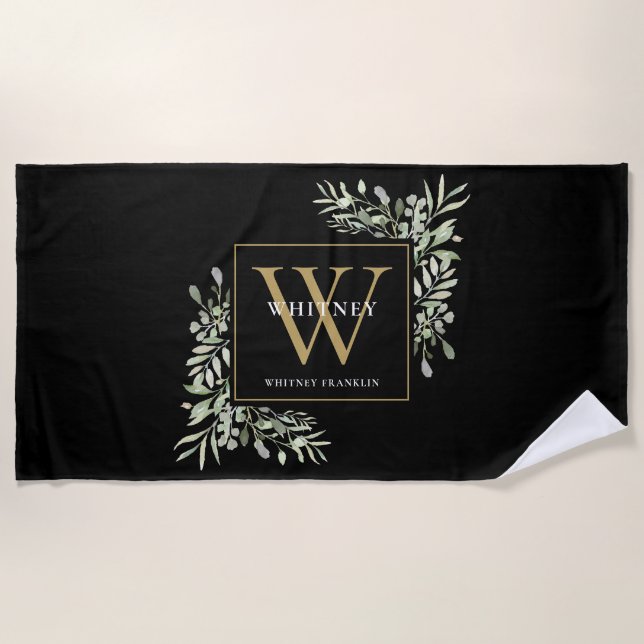 Serviette De Plage Monogramme d'or Élégant vert moderne Noir (Devant)