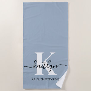 Serviette De Plage Monogramme élégant en bleu poussiéreux écriture
