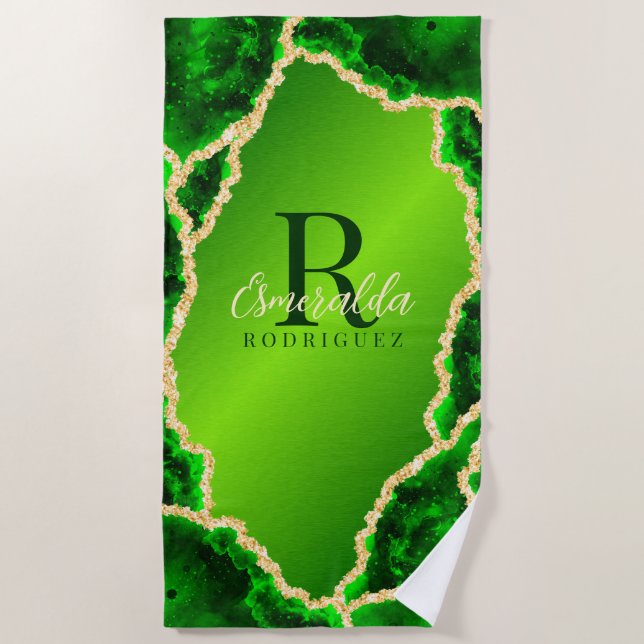 Serviette De Plage Monogramme Emerald Marbre vert et or Agate (Devant)