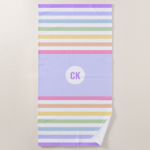 Serviette De Plage Monogramme en Blanc Cirque Pastel Arc-en-ciel rayu