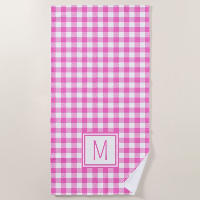 Serviette De Plage Monogramme En vichy plaid rose et blanc (Devant)