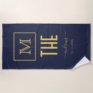 Serviette De Plage Monogramme et nom personnalisés Marine et or Plage