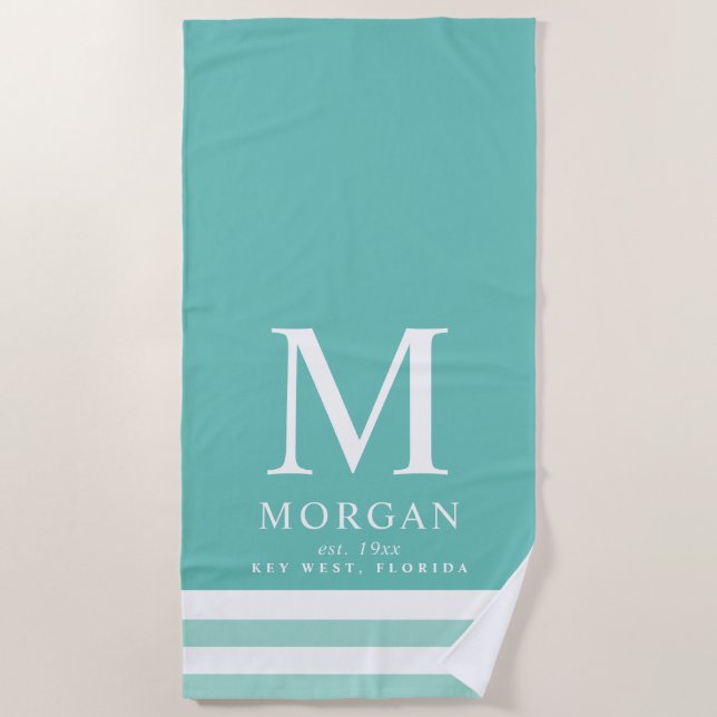Serviette De Plage Monogramme famille en gras Turquoise | Blanc (Devant)