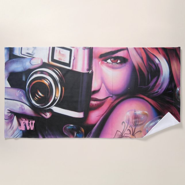 Serviette De Plage Monogramme Femme Grafitti avec caméra (Devant)