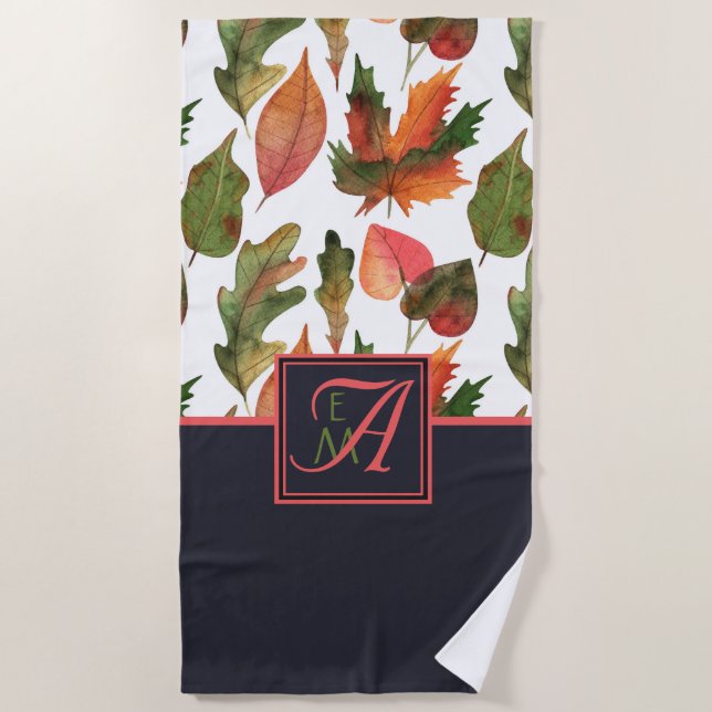 Serviette De Plage Monogramme Feuilles d'automne Bleu Orange Décor d' (Devant)