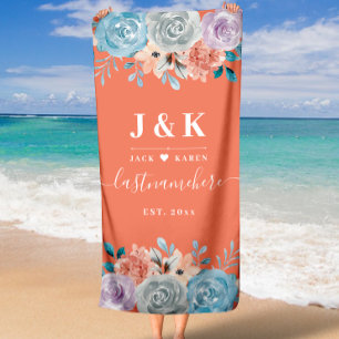 Serviette De Plage monogramme floral bleu d'hiver