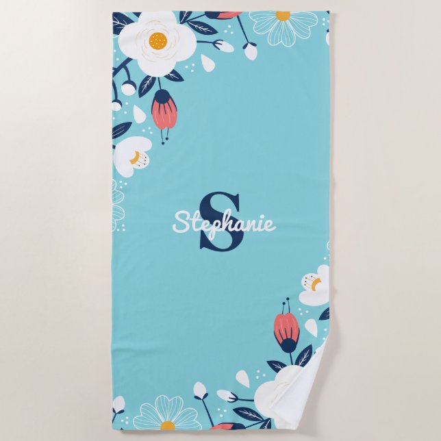 Serviette De Plage Monogramme floral bleu moderne (Devant)