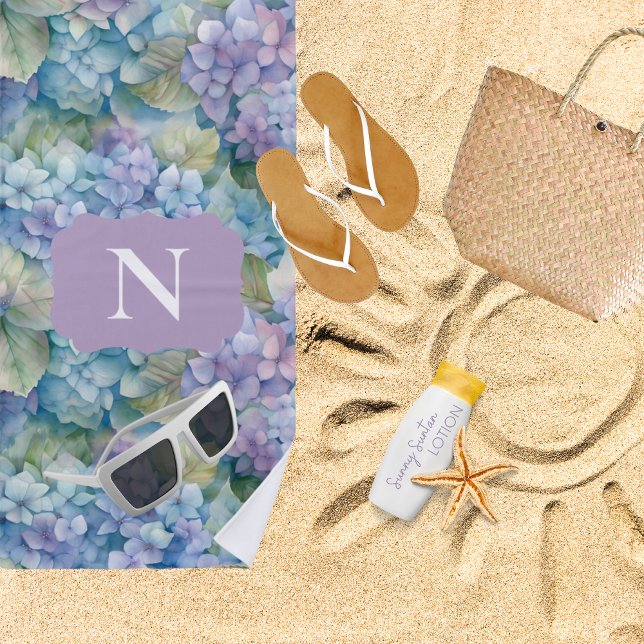 Serviette De Plage Monogramme Floral Hydrangea Purple Personnalisé (Créateur téléchargé)
