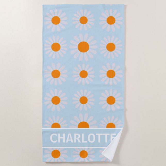 Serviette De Plage Monogramme floral rétro bleu orange blanc (Devant)