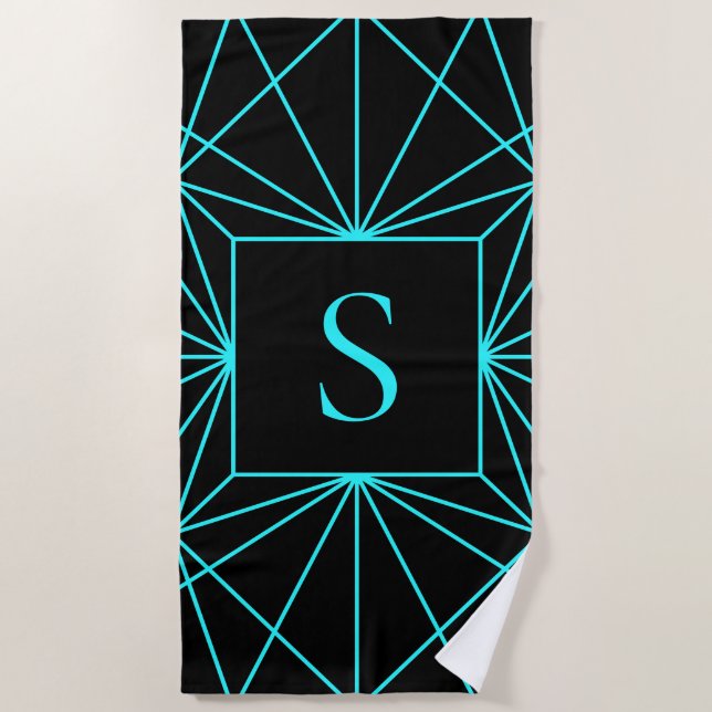 Serviette De Plage Monogramme initial | Design géométrique turquoise (Devant)