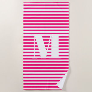 Serviette De Plage Monogramme initial fuchsia rose chaud rayures blan