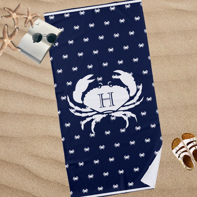Serviette De Plage Monogramme Marine Bleu Crabe Blanc Nautique (Créateur téléchargé)