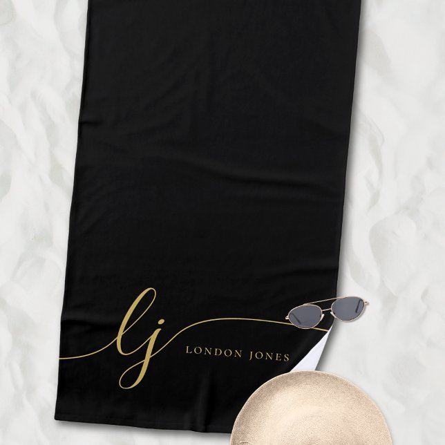 Serviette De Plage Monogramme Moderne Élégant Noir Initiales Script (Créateur téléchargé)