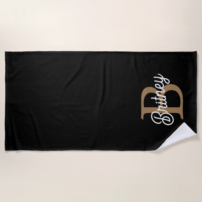 Serviette De Plage Monogramme moderne élégant Nom Black Gold Script (Devant)