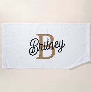 Serviette De Plage Monogramme moderne élégant Nom Black Gold Script