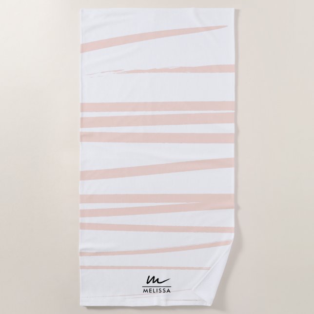 Serviette De Plage Monogramme moderne Lignes rose pâle Art Abstrait (Devant)