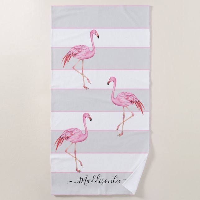 Serviette De Plage Monogramme moderne Nom Flamant rose rose gris (Devant)