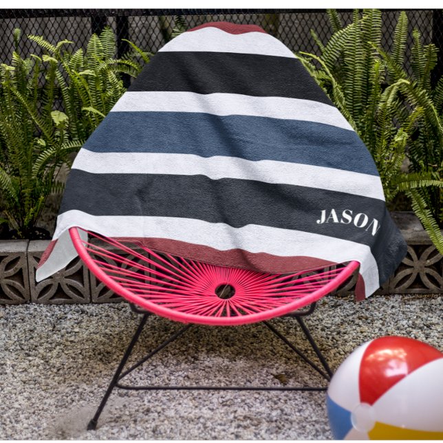 Serviette De Plage Monogramme moderne rayé noir blanc bleu rouge (Créateur téléchargé)
