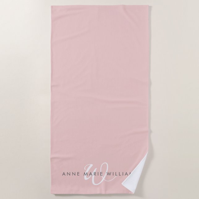 Serviette De Plage Monogramme Moderne Script Rose Pâle Blanc (Devant)