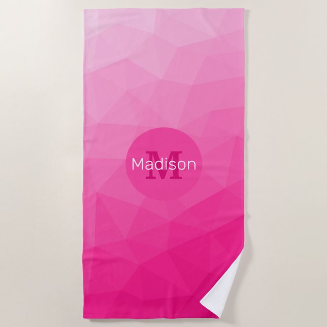 Serviette De Plage Monogramme Motif à maillage géométrique rose chaud (Devant)
