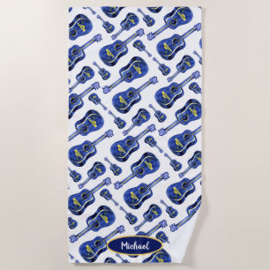 Serviette De Plage Monogramme Motif des guitares bleues
